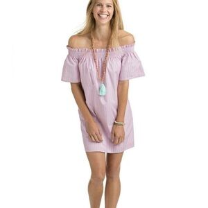 Vineyard Vines Striped Off the Shoulder Dress Medium Pink Shirred Coastal Resort